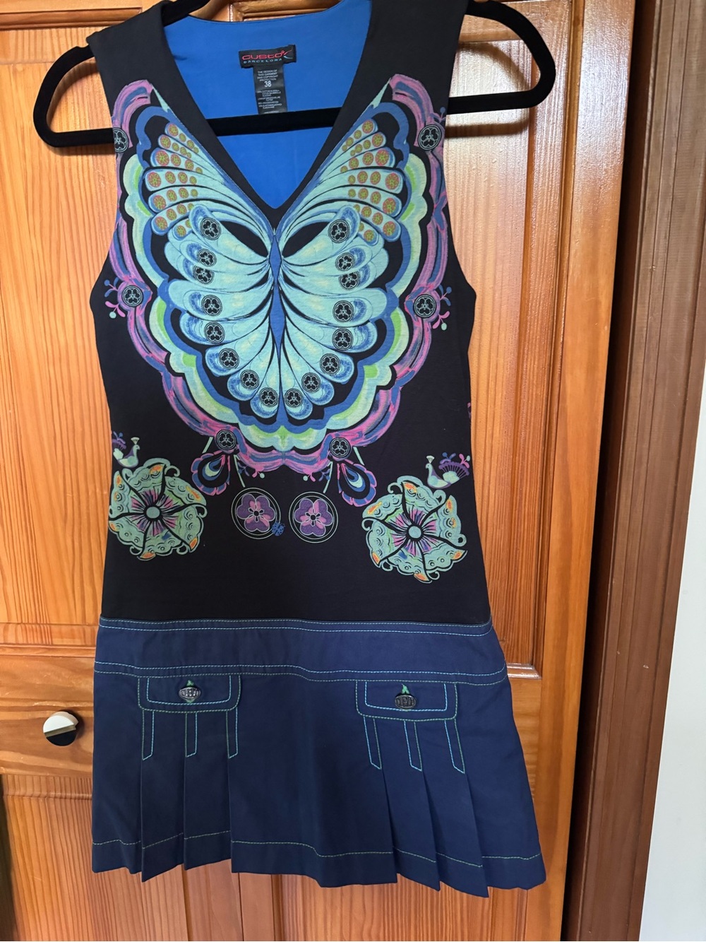 Custo Barcelona Black Dress with Blue, Mint & Pink Butterfly Design